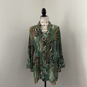 Serenade New York Woman Green Abstract Print Pleated Button Down Blouse 2X‎